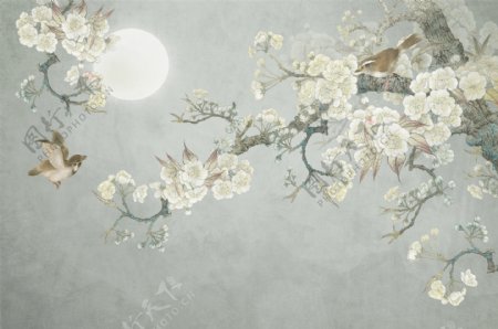 圆月花鸟中国风绘画装饰图