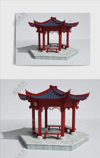 红色系仿古中式风格凉亭建筑图片