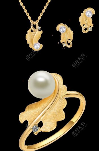 免抠高清黄金镶嵌珍珠戒指耳环图片