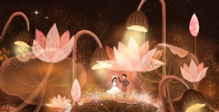 情侣花朵插画卡通背景海报素材图片