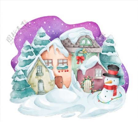 雪中的小屋和雪人图片