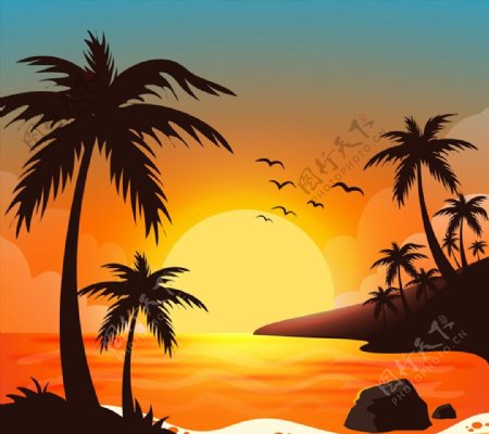 夕阳大海岛屿风景图片