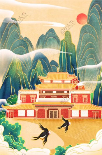 寺院传统复古插画背景海报素材图片