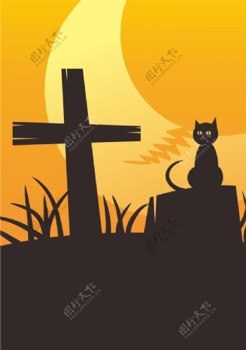 万圣节十字架与猫咪图片