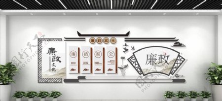 中国风古典建筑党建廉政文化墙图片