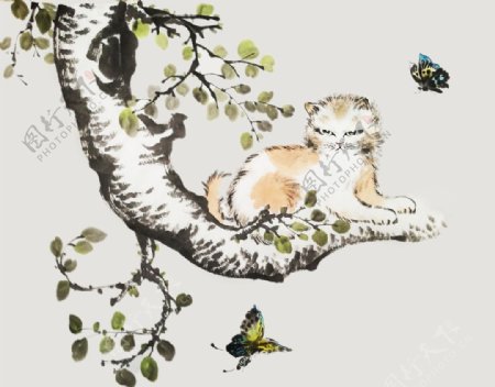 小猫蝴蝶水彩复古背景海报素材图片