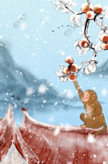 冬季猴子摘柿子背景海报素材图片
