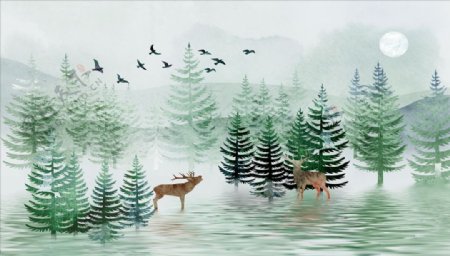 树林鹿水波纹背景墙图片