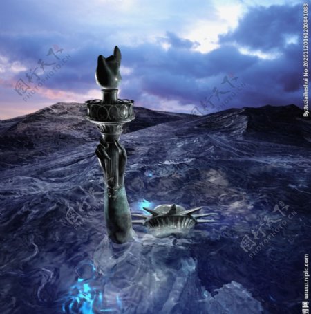 自由女神像水流山石合成背景素材图片