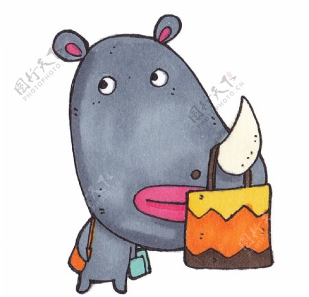 鼻子上挂包包的犀牛插画图片